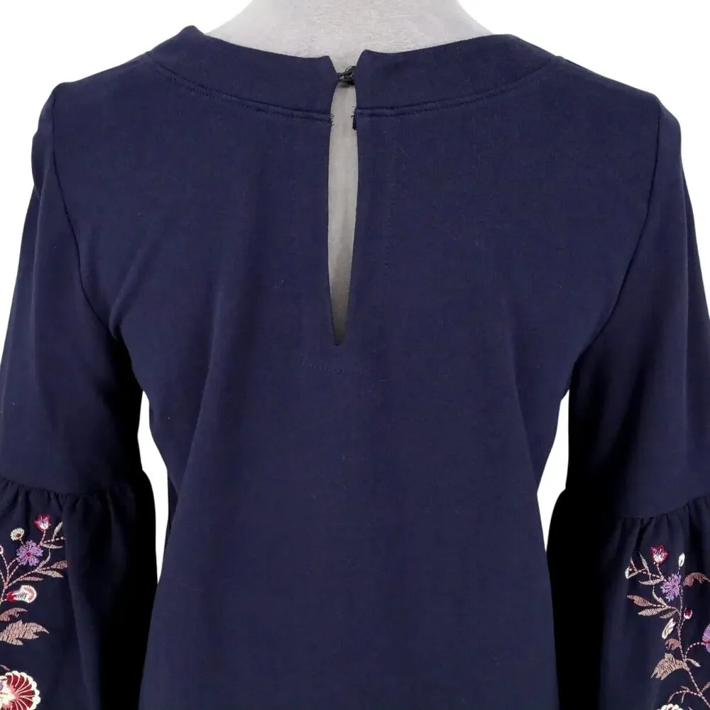 Loft Dress Womens Small Navy Blue Embroidered Bell Slv Stretch Cotton Knit New